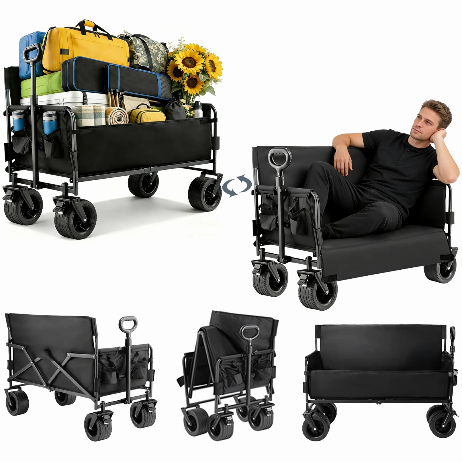 Nine point nine Carrello Spiaggia Trasformabile in Panca, Capacità di Carico di 330LBS Carrello da Spiaggia, Carretto Pieghevole con Maniglia Flessibile, Carrellino Campeggio con Ruote (008 Black)