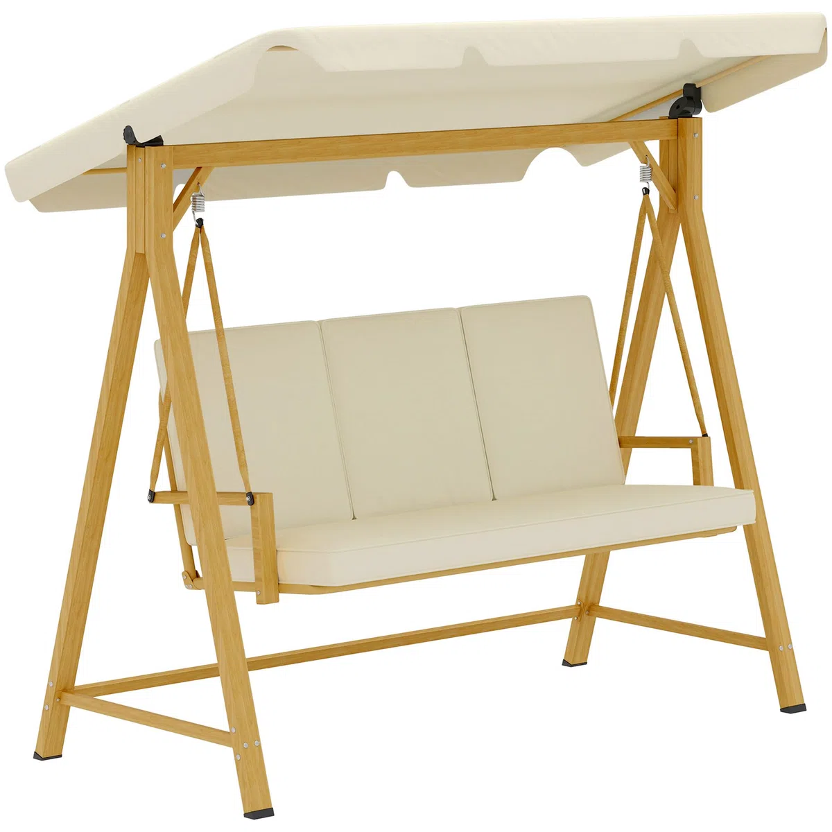 Outsunny Dondolo da Giardino 3 Posti con Tettuccio Parasole Regolabile, Dondolo da Esterno con Cuscini e Struttura in Metallo Effetto Legno, Portata Fino a 330 kg, UV 30+, 195x120x170 cm, Beige