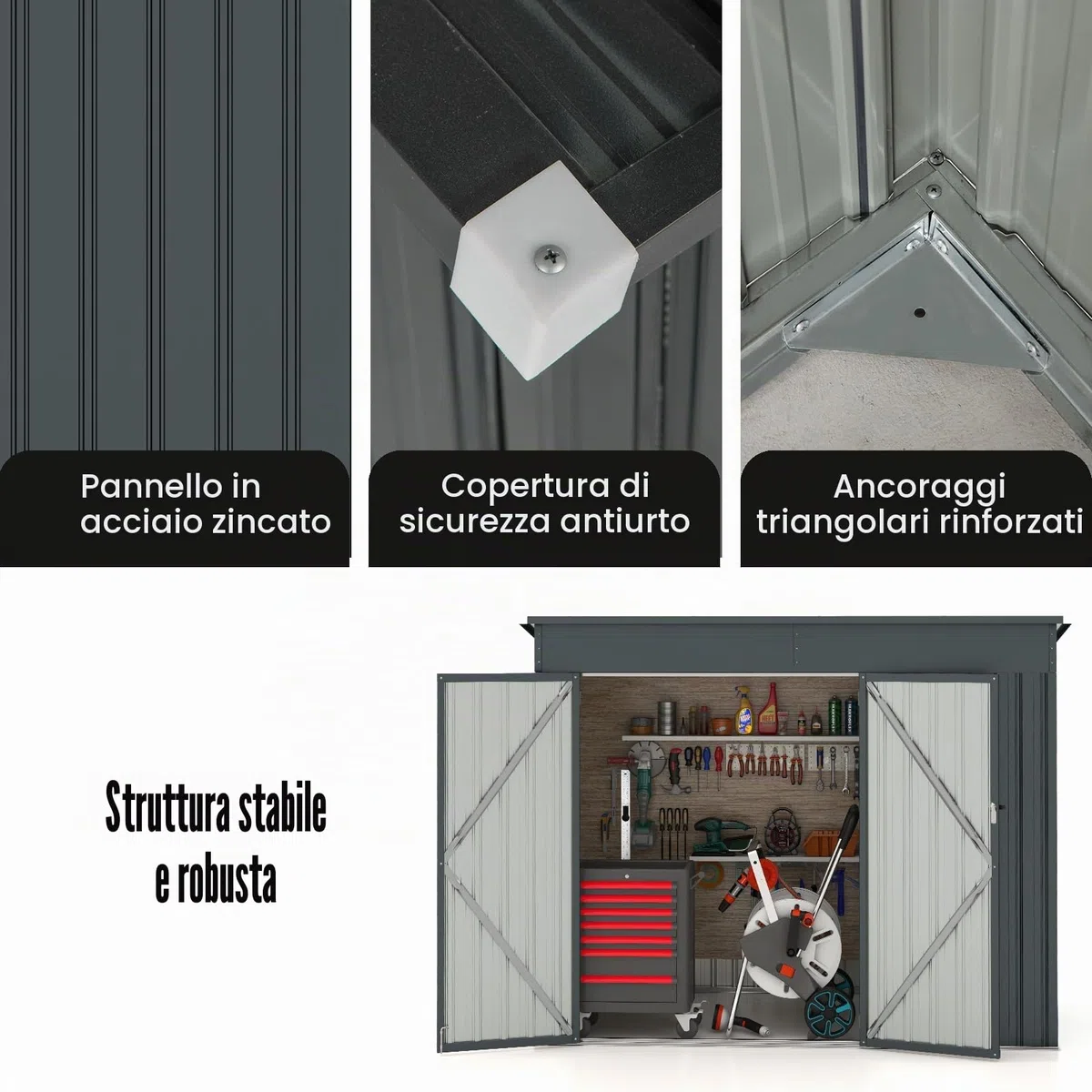 HOMASIS Casetta Attrezzi Giardino in Metallo, Capanno per Attrezzi con 2 Porte e 2 Finestre per Ventilazione, 235 x 117 x 185 cm, Ripostiglio da Esterno con 2 Paia di Guanti (Grigio Scuro)