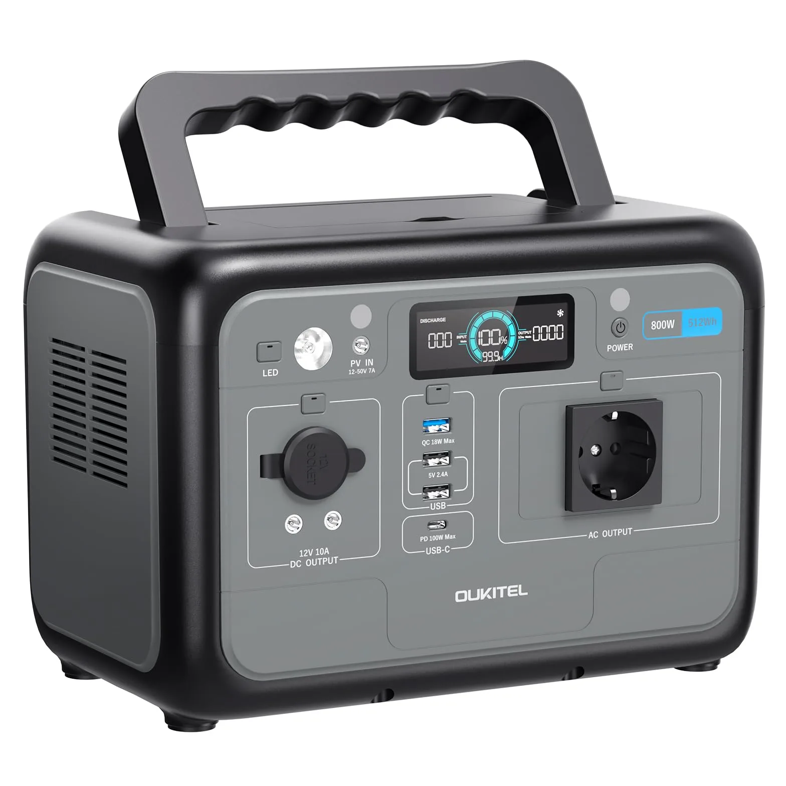 OUKITEL P800 Stazione di Energia Portatile 800W, Centrale Elettrica Portatile Batteria Lifepo4 512Wh, Generatore Con Uscite Usb A E C, Potenza Massima 1600W, Ricarica Rapida 6 Kg, Ideale Per Campeggio
