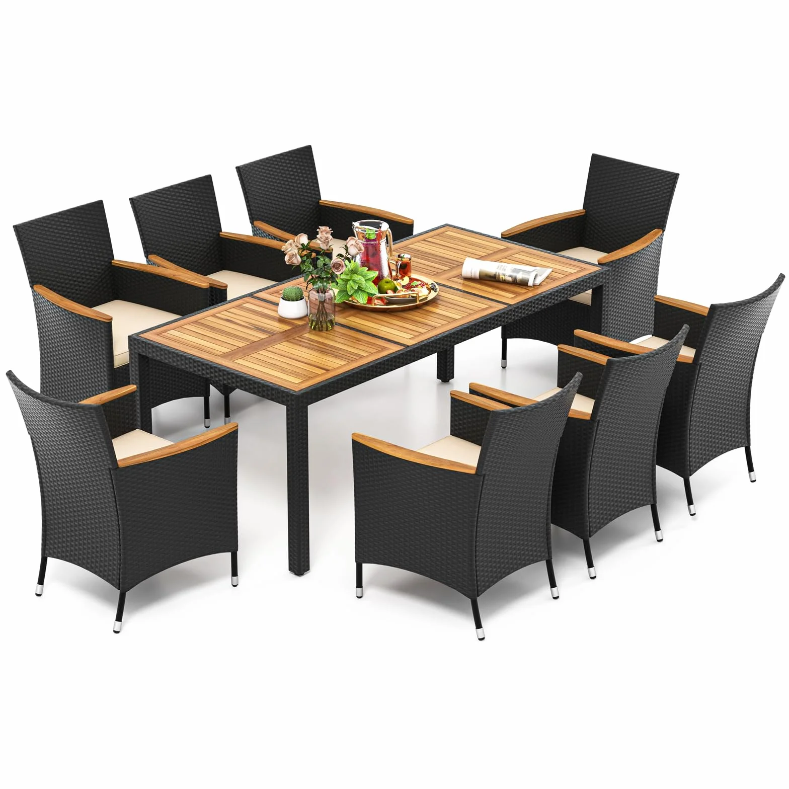 COSTWAY Set da Giardino 9 Pezzi in Rattan PE, Set Pranzo da Giardino con 1 Tavolo e 8 Sedie con Cuscini, Tavolo da Esterno con Piano in Legno di Acacia e Foro per Ombrellone, Naturale