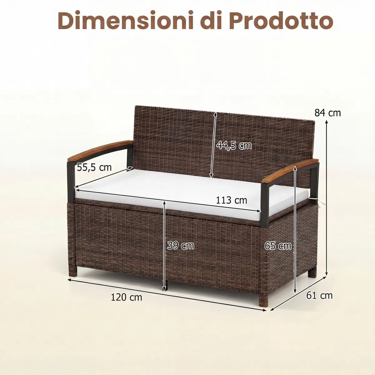 SOARS Panca da Giardino 2 Posti, Baule Contenitore Esterno 175 L in Vimini PE, con Cuscino Lavabile, Schienale e Braccioli in Legno di Acacia, Ammortizzatori a Gas, per Patio Balcone Piscina (Beige)