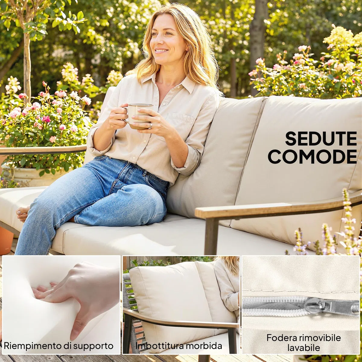 Outsunny Divanetto da Esterno a 3 Posti in Rattan PE, Divano da Esterno con Braccioli Effetto Legno, Cuscini Lavabili, Struttura in Acciaio, Divano da Giardino per Terrazzo, Patio e Balcone, Cachi