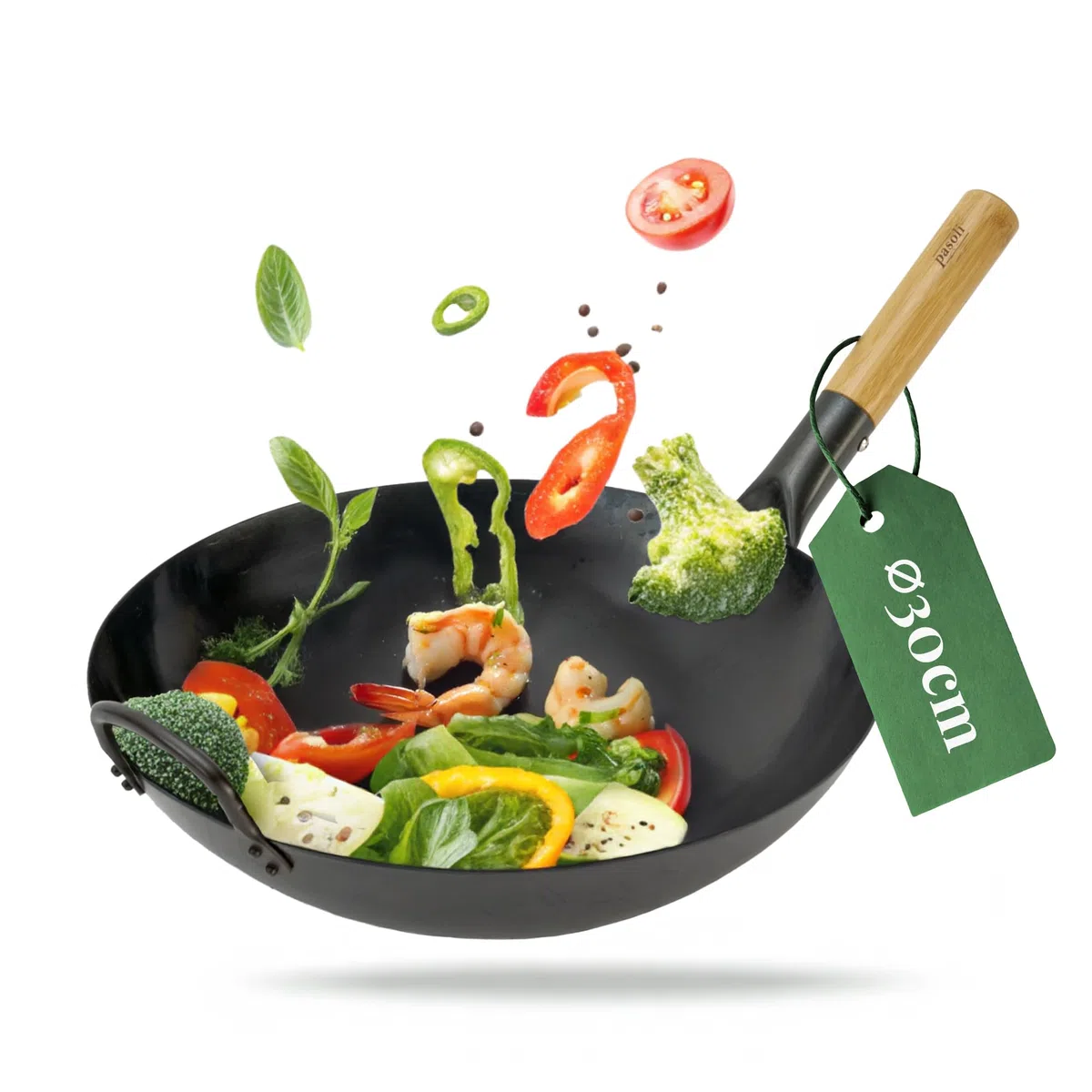pasoli wok | PRECONDIZIONATO | fondo rotondo | Per la stufa a gas o la griglia | Diametro 30 cm | wok in acciaio al carbonio martellato tradizionalmente a mano | strato antiaderente naturale