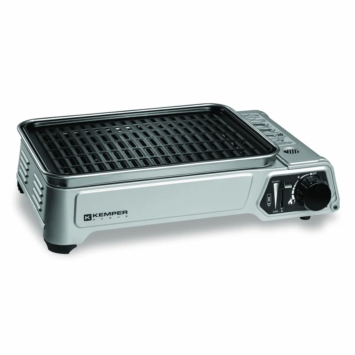 Kemper - Barbecue a gas portatile da 1900 W, griglia anti aderenza + 8 cartucce gas butano - Piccolo barbecue a gas ideale per campeggio, terrazza, esterno