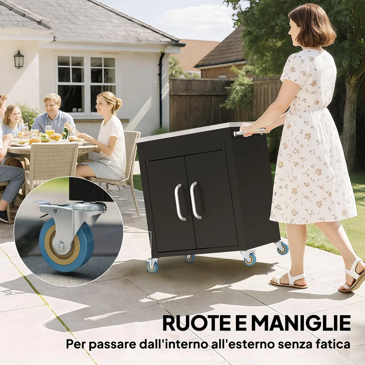 HOMCOM Carrello Barbecue con Piano in Acciaio Inox, Tavolo Cucina da Esterno con Ruote, Maniglia, 6 Ganci e Armadietto Contenitore, 86x50x86.5 cm, Nero