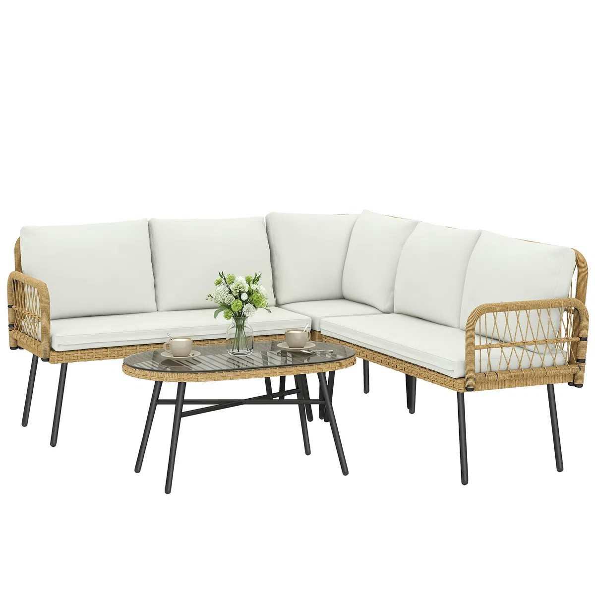 Outsunny Set Salotto da Giardino in Rattan 4 Pezzi, Salottino da Giardino Esterno ad L con 2 Divani 2 Posti, Angolo, Tavolino da Caffè, Cuscini, Struttura in Acciaio, per Balcone Patio, Naturale/Crema