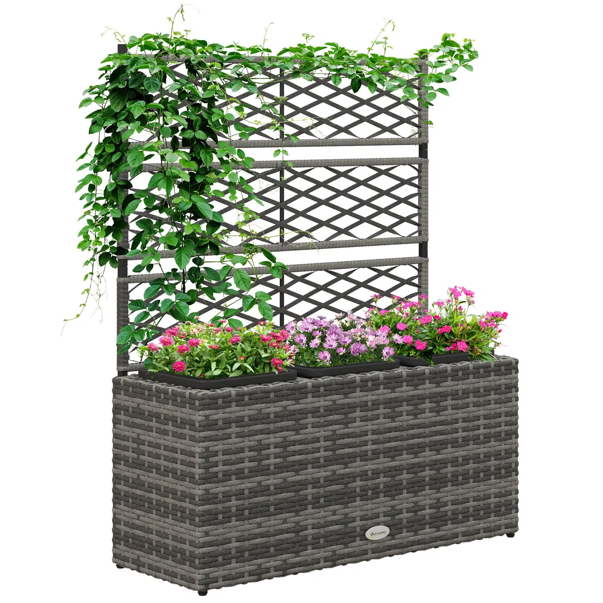 Outsunny Fioriera per Piante con Grigliato per Rampicanti, Aiuola Rialzata con 3 Vasi Interni, Struttura in Acciaio e Rattan PE, 84x30x107cm, Grigio