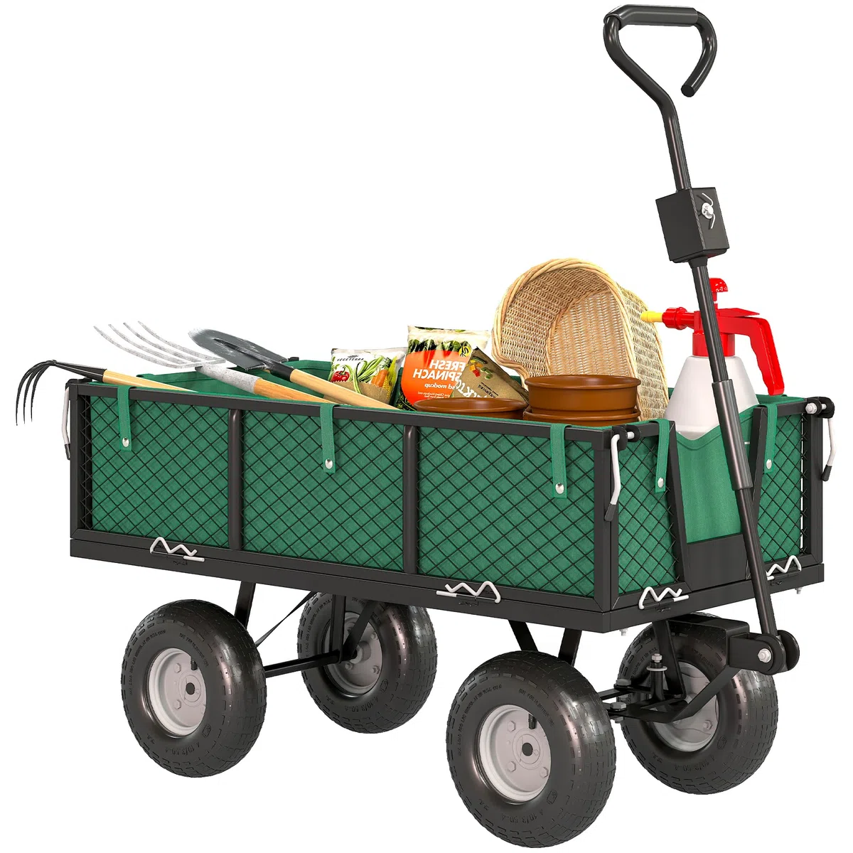 Outsunny Carrello da Giardino da 114L con 4 Ruote Grandi Capacità 200 kg, Carrello Spiaggia in Acciaio con Sacca Portaoggetti, Pareti Laterali Rimovibile e Maniglia Girevole, 105x51x54 cm, Verde