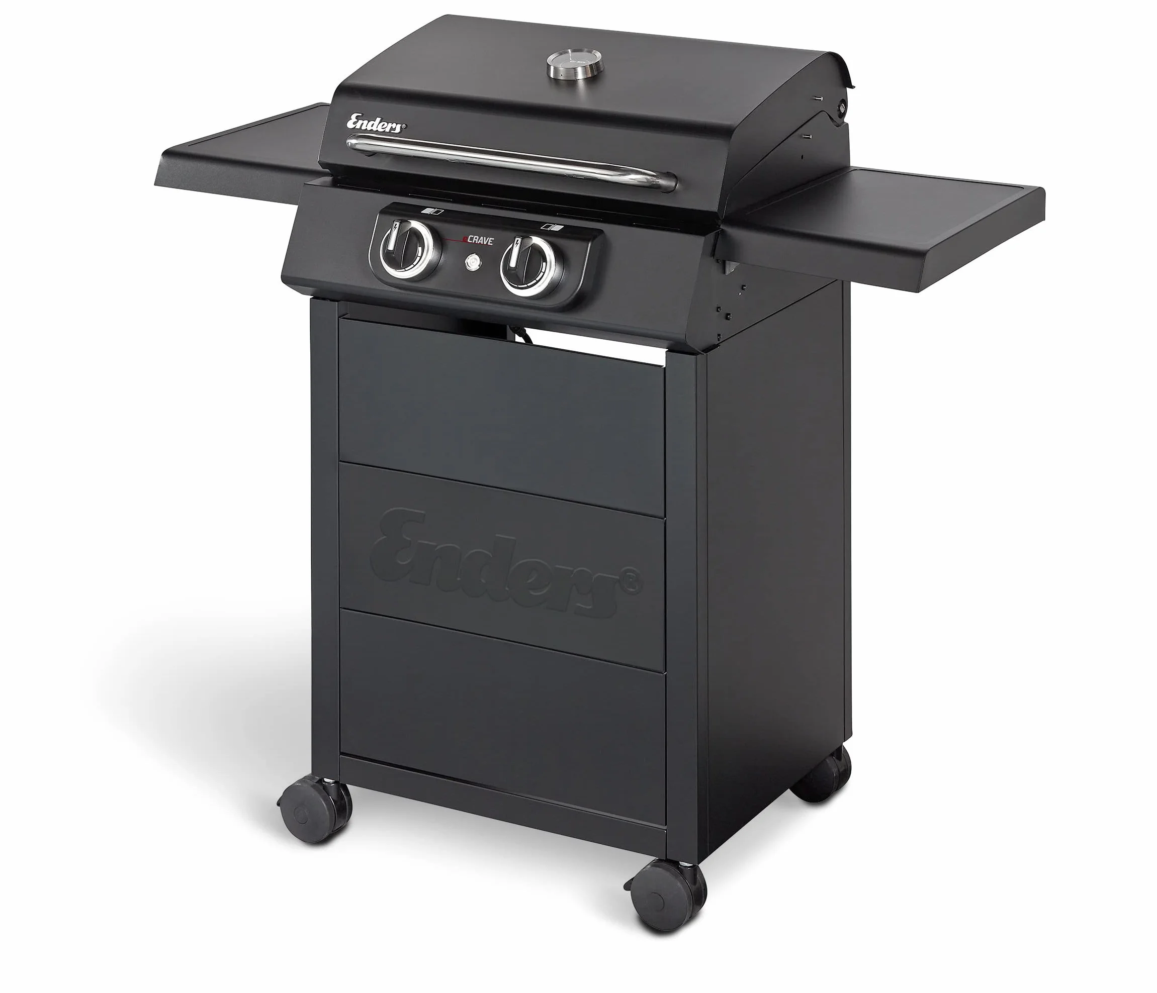 Enders eCrave 2 Barbecue elettrico - Griglia in ghisa, carrello per BBQ con spazio di stivaggio - 2 potenti elementi riscaldanti con stabile coperchio e termometro integrato - Simple Clean 97116