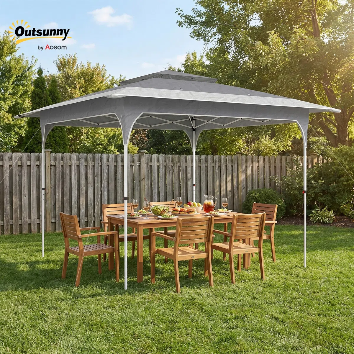 Outsunny Gazebo Pieghevole 3.5x3.5 m Pop Up Facile Montare con Pulsante Centrale, Gazebo da Giardino Altezza Regolabile con Tetto Doppio, Borsa da Trasporto, UV50+, per Esterno Feste, Grigio Scuro