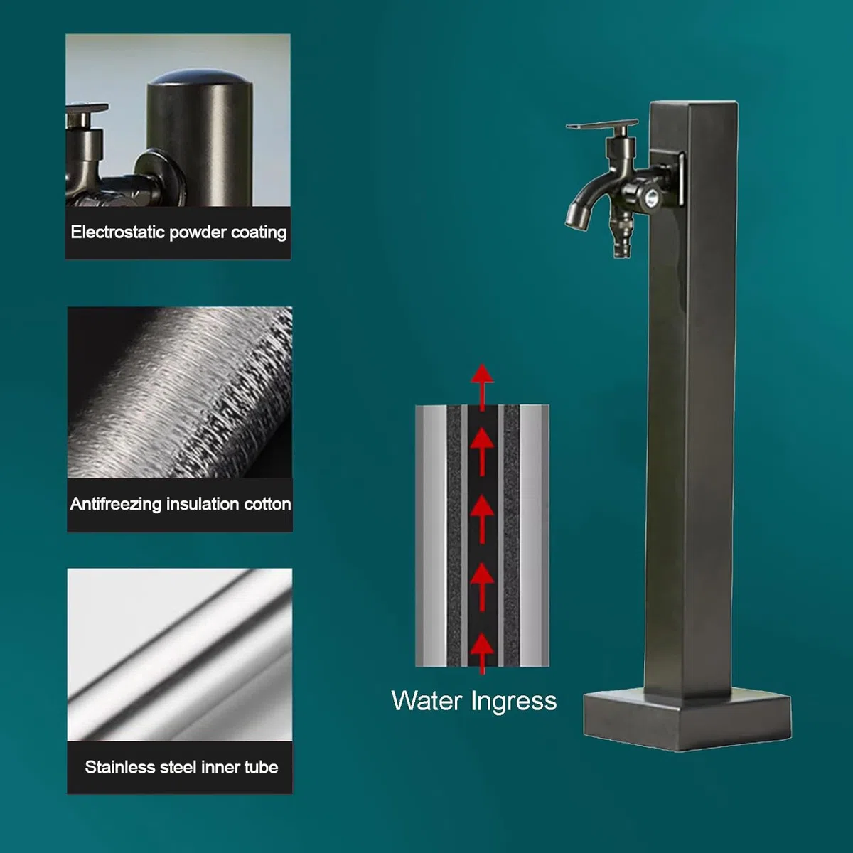 Colonna Del Rubinetto da Giardino In Acciaio Inossidabile 304, Fontana D'acqua Indipendente con Rubinetto A Doppia Uscita E Tubo Interno In Acciaio Inox, per Esterno Casa Giardino