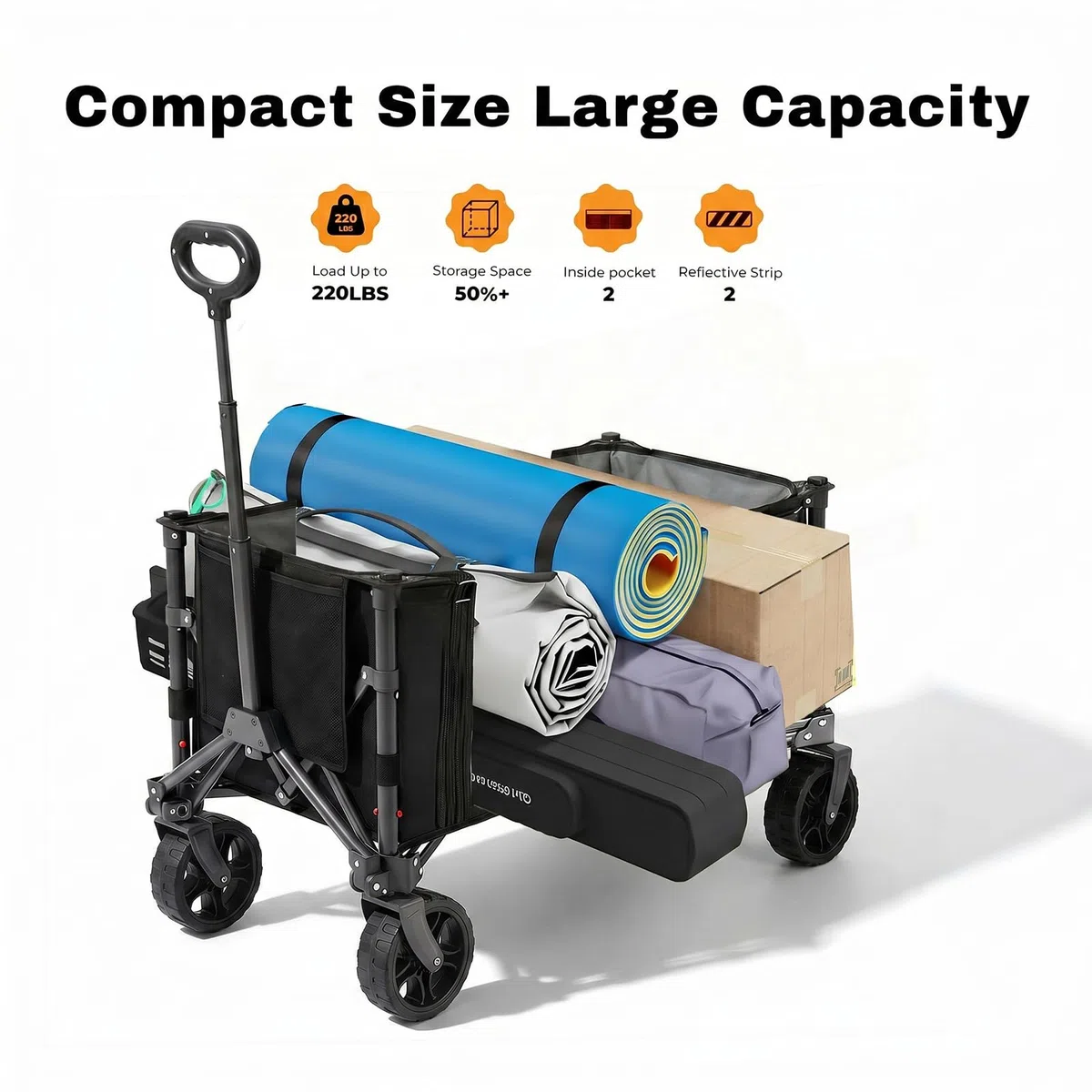 Overmont Carrello Pieghevole 3 in 1-120 L Grande Capacità, Portata fino a 100 kg - Carrello con Ruote Tutto Terreno, Leggero e Compatto - per Campeggio, Spiaggia, Giardino, Shopping e Sport