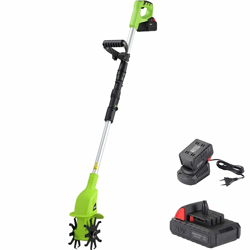 BAKAJI Motozappa per Orto Elettrozappa Batteria Litio 20V 2000 mah Zappatrice Zappa a Motore Elettrica 2 Lame da 15cm Larghezza Lavoro 10cm velocità 250RPM Manico Ergonomico Coltivazione Giardino