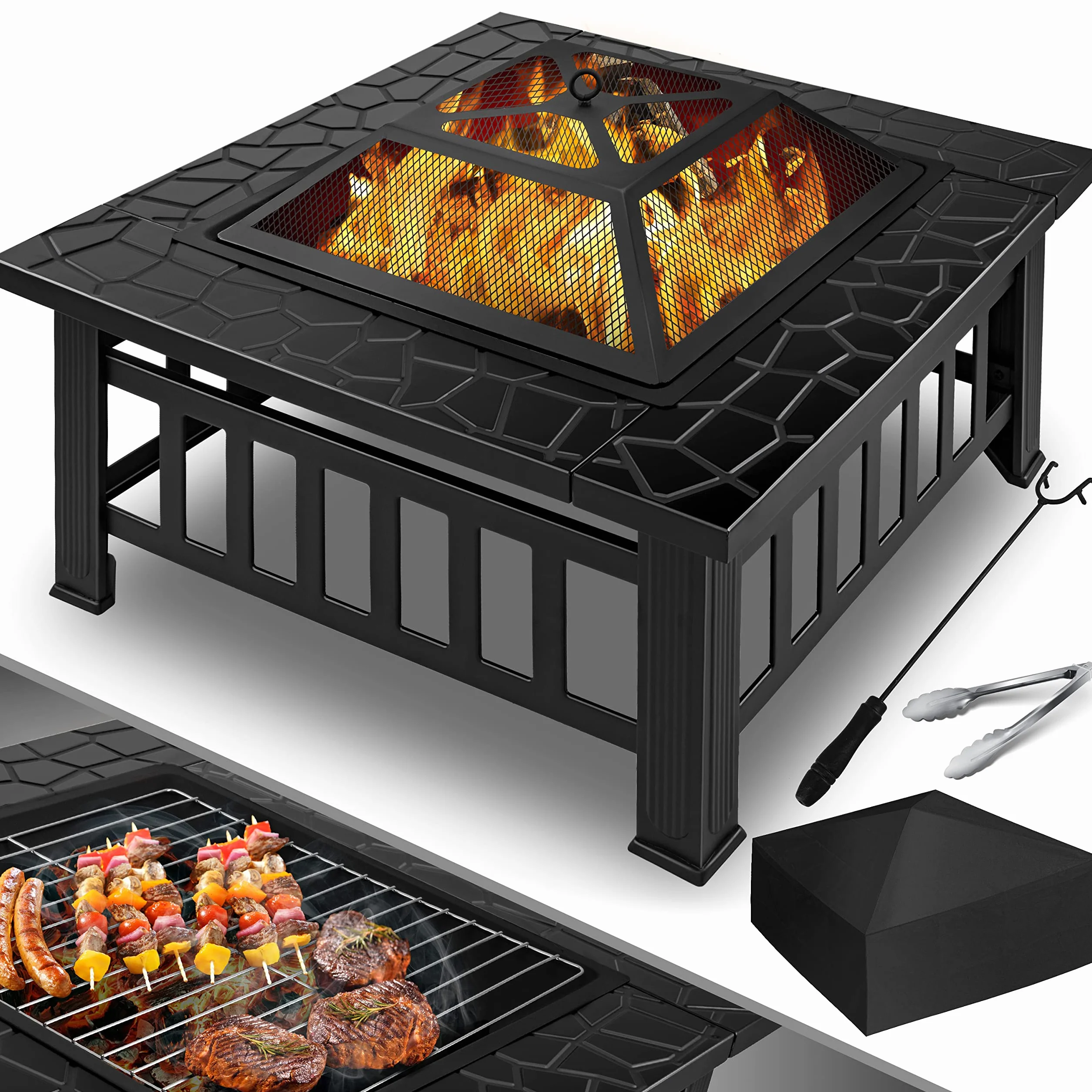 KESSER Braciere con Grill Ø 62 cm, Braciere multifunzionale per barbecue e riscaldamento, con griglia e attizzatoio, Nero