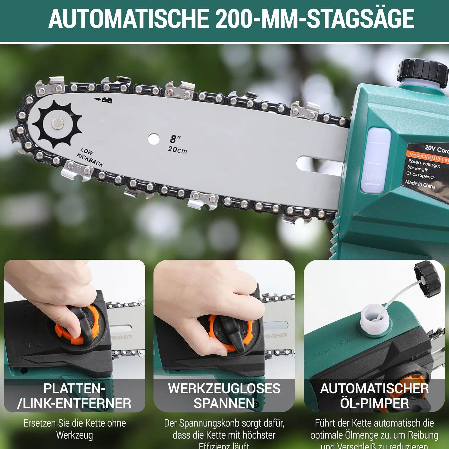 Potatore Telescopico, Sega Potatrice Elettrica, Sega ad Asta a Batteria, Batteria 20V 4Ah e Caricabatterie, Lama 24cm, Velocità Catena 5 m/s, Auto-Lubrificante, Testa Inclinabile, incl. Tracolla, 4 M