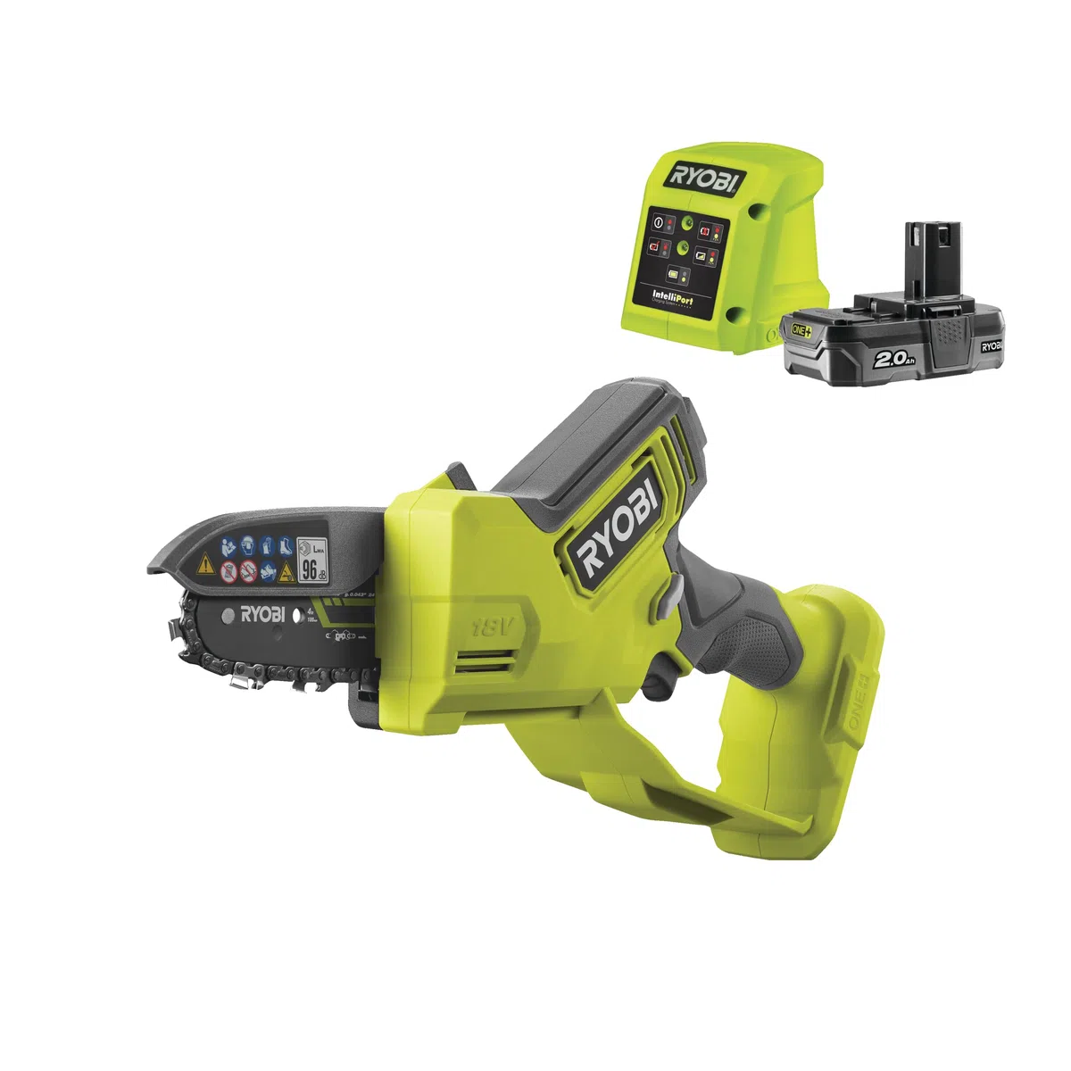 Ryobi Elettrosega da Potatura a Batteria 18V ONE+ Brushless con Batteria 2,0Ah e Caricabatterie, Barra 10 cm, Velocità Catena 6 m/s, Taglio fino a 8 cm, Compatta e Leggera 1,13 kg, RY18PSX10A-120