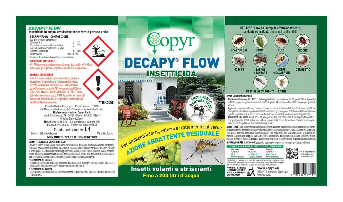 COPYR | Decapy Flow: Insetticida Concentrati contro scarafaggi, formiche, pulci, zecche, cimici, mosche - flacone 1 Lt