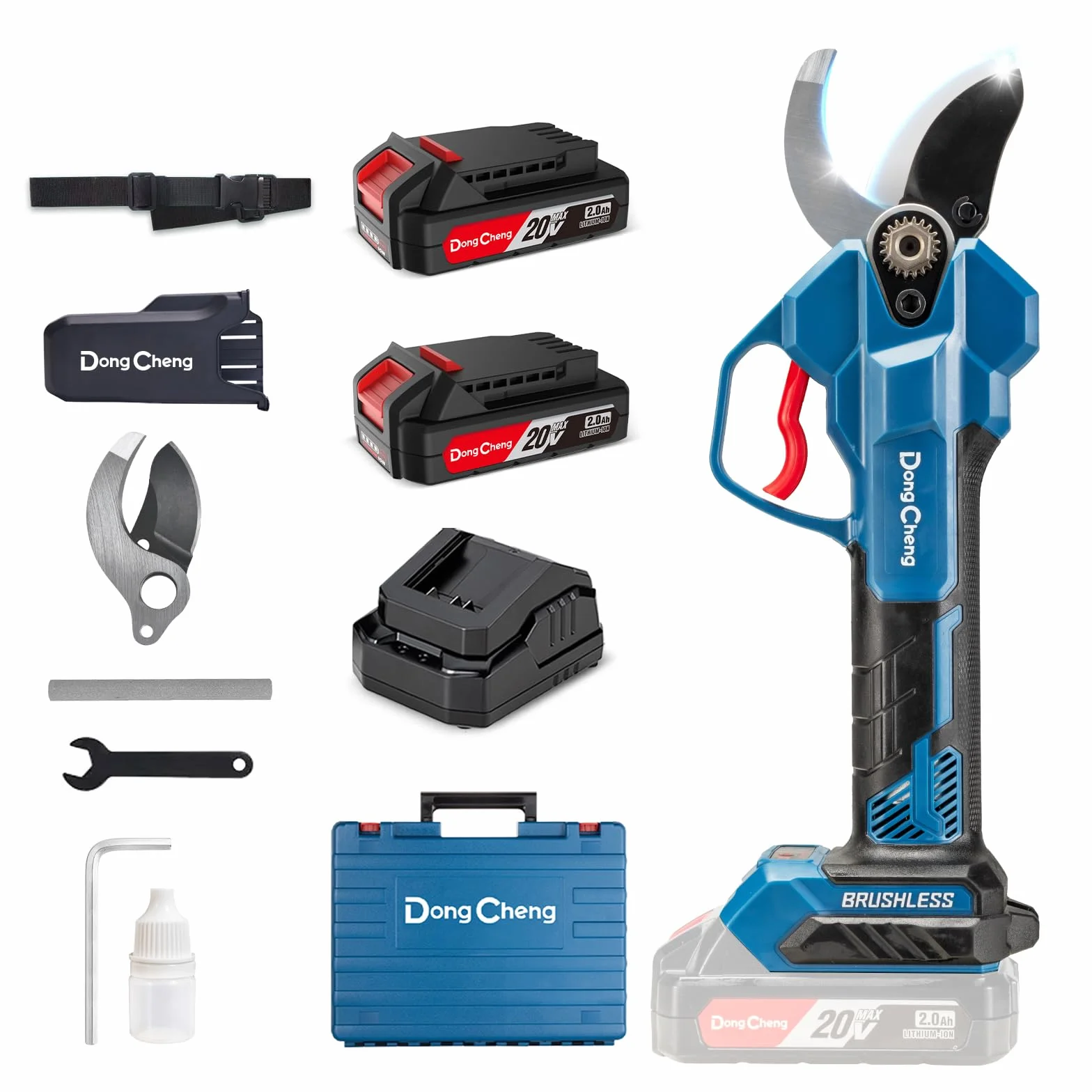 Dong Cheng Troncarami a batteria da 20 V, 4 livelli di taglio fino a 35 mm, motore professionale senza spazzole, 2 batterie da 2,0 Ah, caricatore da 2 A, lama SK5 – per alberi da frutto, giardinaggio
