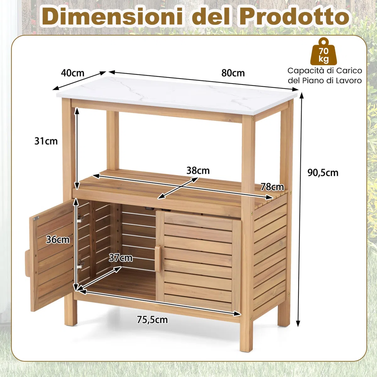 COSTWAY Armadio da Esterno Impermeabile in Legno di Acacia, Mobile Esterno Balcone con Piano di Lavoro in Resina, 2 Ante Persiana e Ripiano Aperto, per Piante e Attrezzi, Naturale, 80 x 40 x 90,5 cm