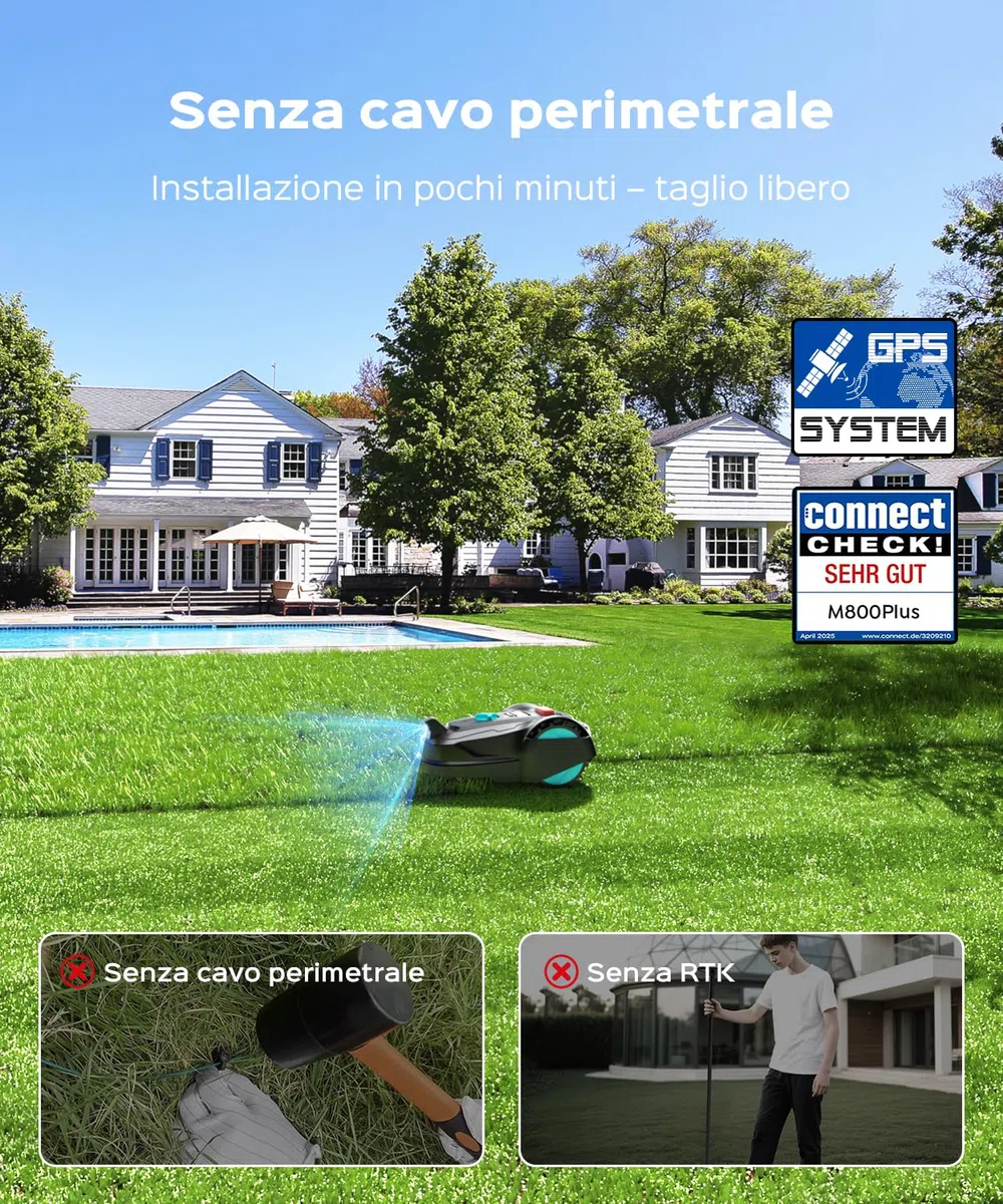 YARDCARE M800Plus Robot Tagliaerba Senza Filo Perimetrale, Posizionamento GPS + 3D Visione, Robot Tosaerba, Modalità di Taglio a U,800 m², App, Rilevamento di 150 Ostacoli,Nero Petrolio