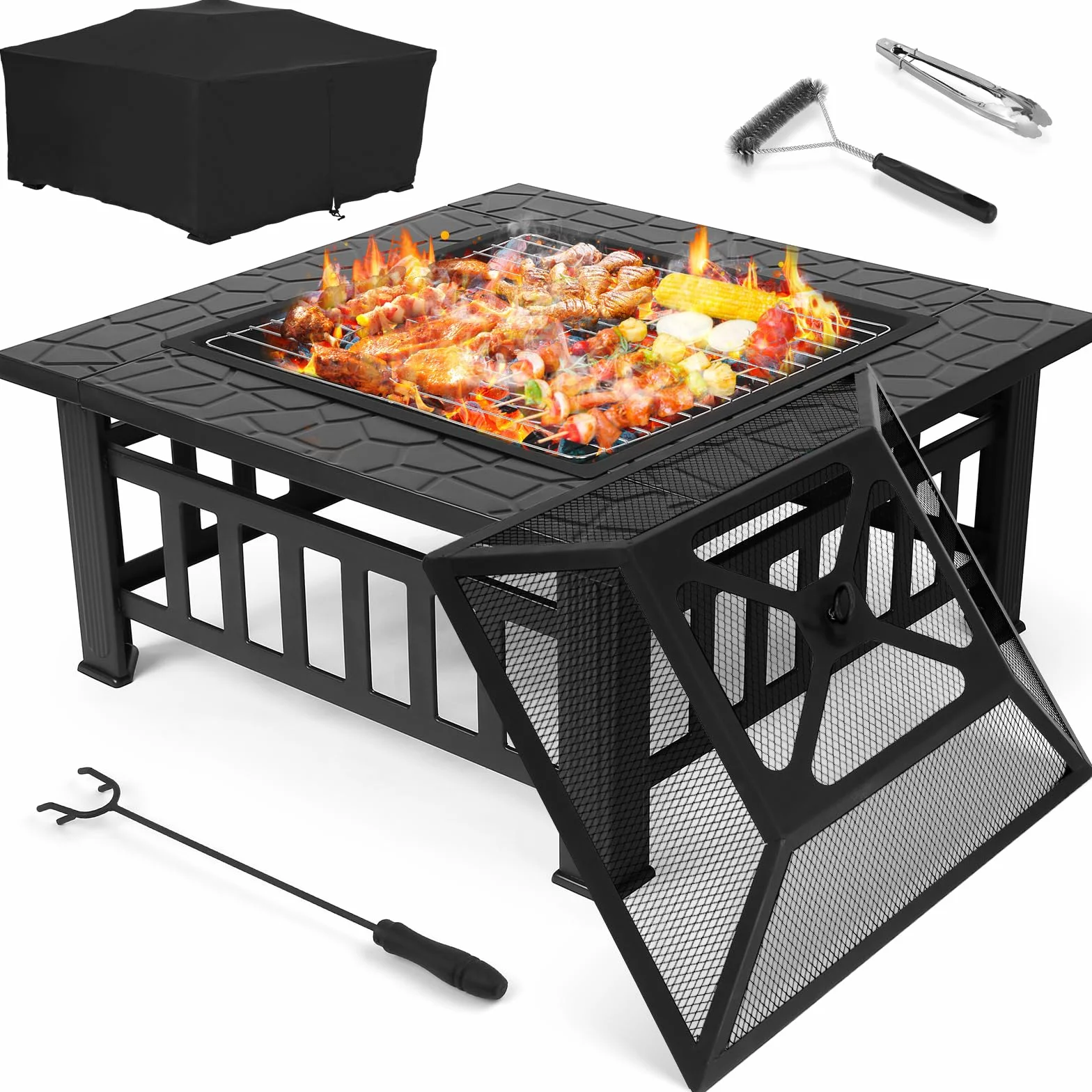 TLSUNNY 3 in 1 Braciere da Giardino, Braciere da Esterno con Griglia e Parascintille, Braciere Quadrato in Metallo, con Copertura Impermeabile e 4 pcs Gamba,per Barbecue,Campeggio e Riscaldamento,81cm