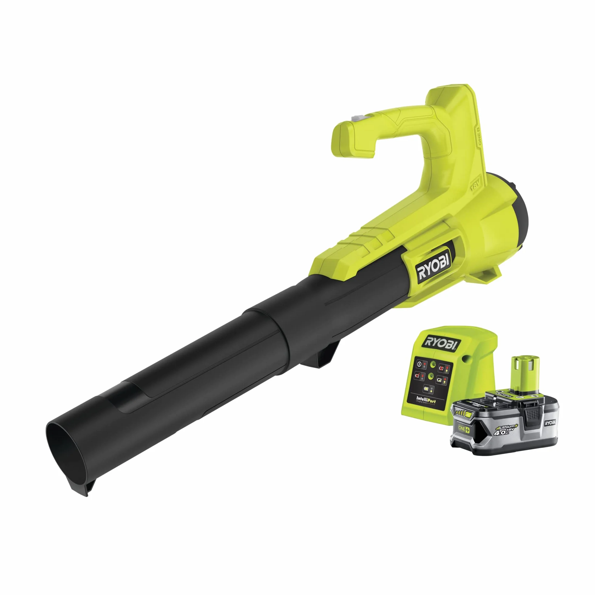 Ryobi Soffiatore a Batteria 18V ONE+ con Batteria 4,0Ah e Caricatore, Turbina Jet 145 km/h e 7.1 m³/min, Compatto e Leggero, per Foglie, Terrazzi e Pulizia Giardino, RY18BLA-140
