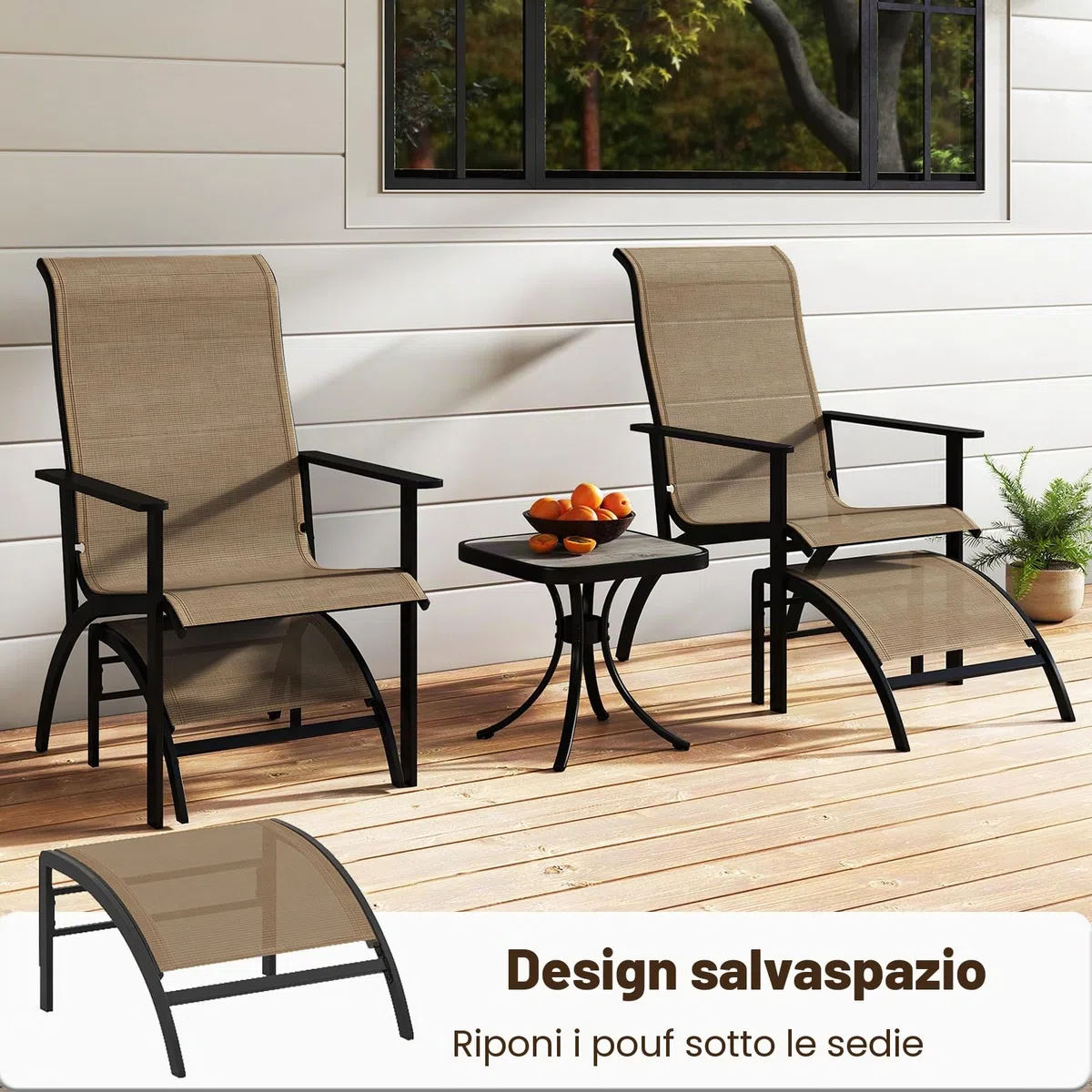 KOMFOTTEU Set di Mobile da Giardino in 5 Pezzi, Set Tavolo e Sedie da Balcone in Tessuto Textilene, Set da Bistrò con Tavolo, 2 Sedie Adirondack e 2 Poggiapiedi per Terrazza, Bordo di Piscina, Marrone