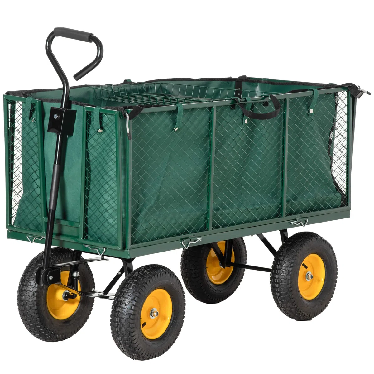 Outsunny Carrello da Giardino 342L con Maniglia Pareti Laterali Ribaltabili e 4 Ruote, 138x57x84cm, Verde