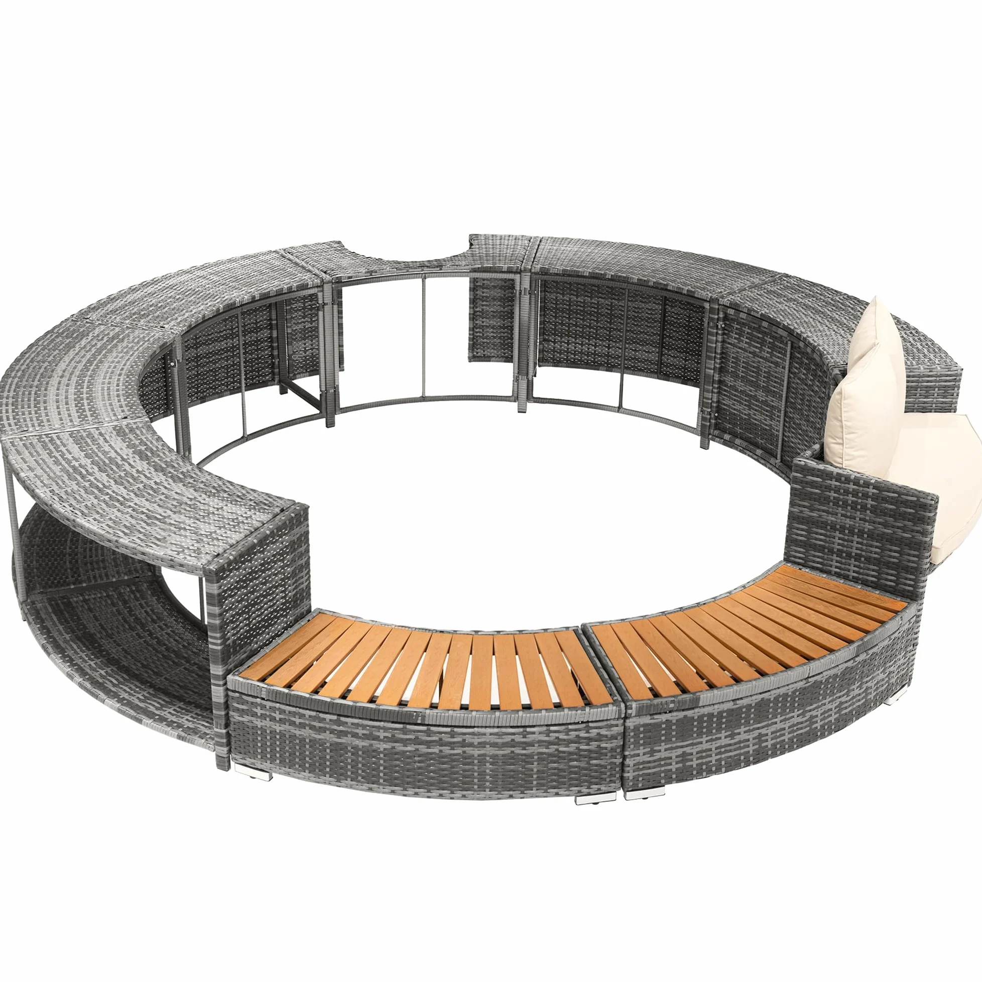Idemon Set lounge da giardino con divano rotondo, set di mobili da giardino, lounge per vasca idromassaggio e piscina, con piedini regolabili, cuscino incluso, mobili per terrazza, giardino o piscina