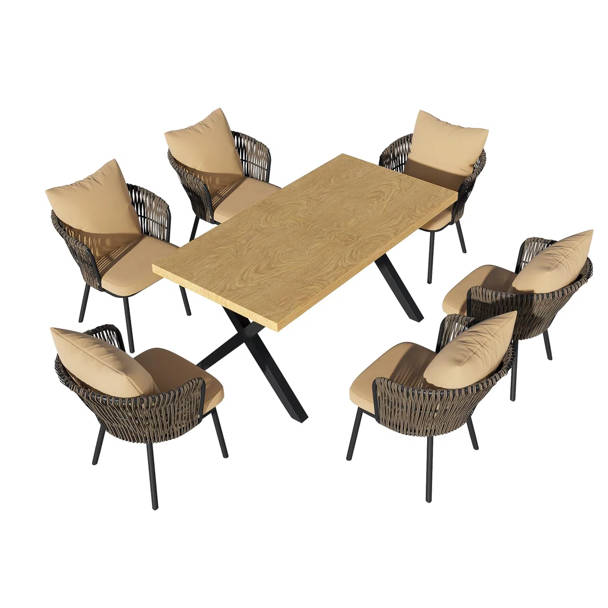 Moderno set da pranzo per esterni, set da giardino in rattan, per il tempo libero e la riunione per più persone, struttura in ferro, intrecciato, cuscino incluso.