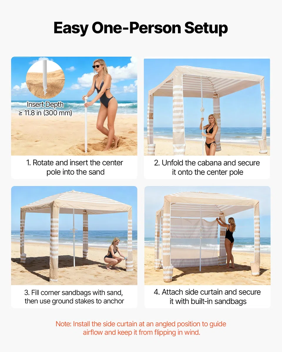 VEVOR Tenda da Spiaggia per Esterno da 2438 x 2438 mm con Parete Laterale, Protezione UPF 50+, Facile da Montare con Tasche per la Sabbia, Ombrellone Parasole Portatile Regolabile in Altezza