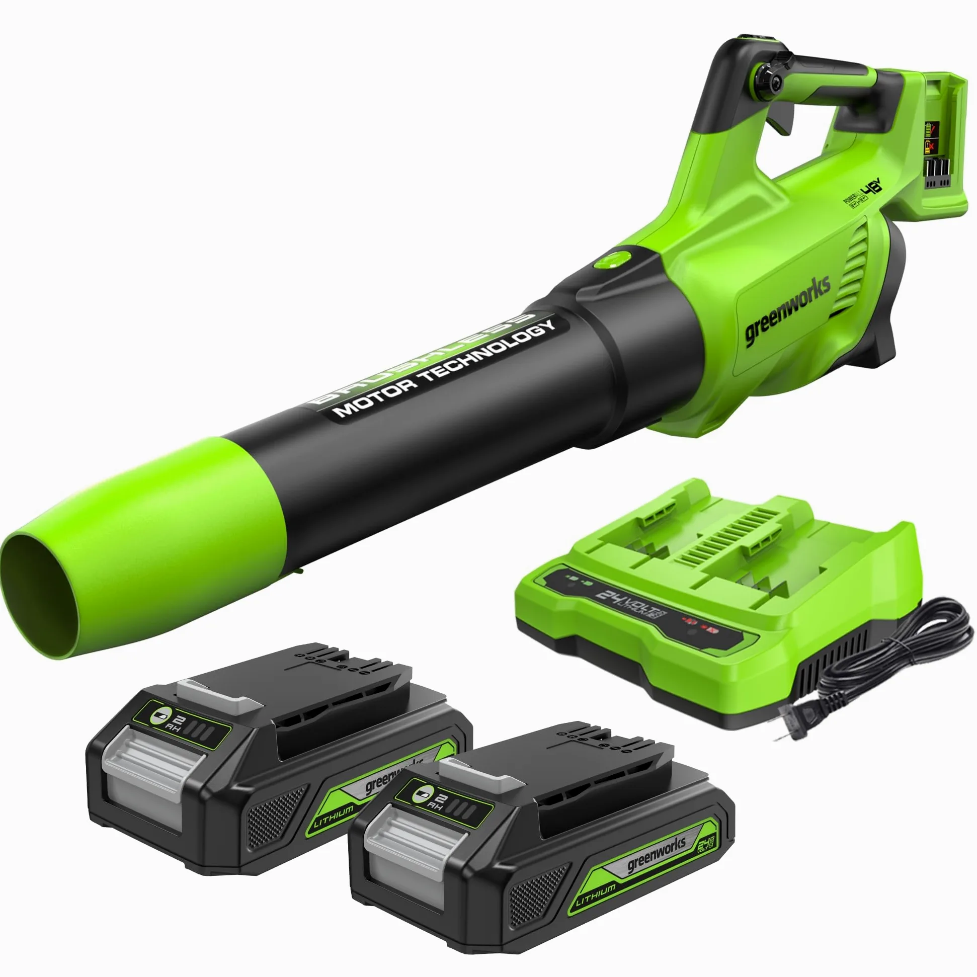 Greenworks Tools 48V(24V x 2）Soffiatore Assiale a Batteria, Ioni di Litio Velocità d'Aria 217 Km/h Potente Tubo Soffiatore Assiale Controllo di Velocità Elettronico Con Batteria e Caricatore GD24X2AB