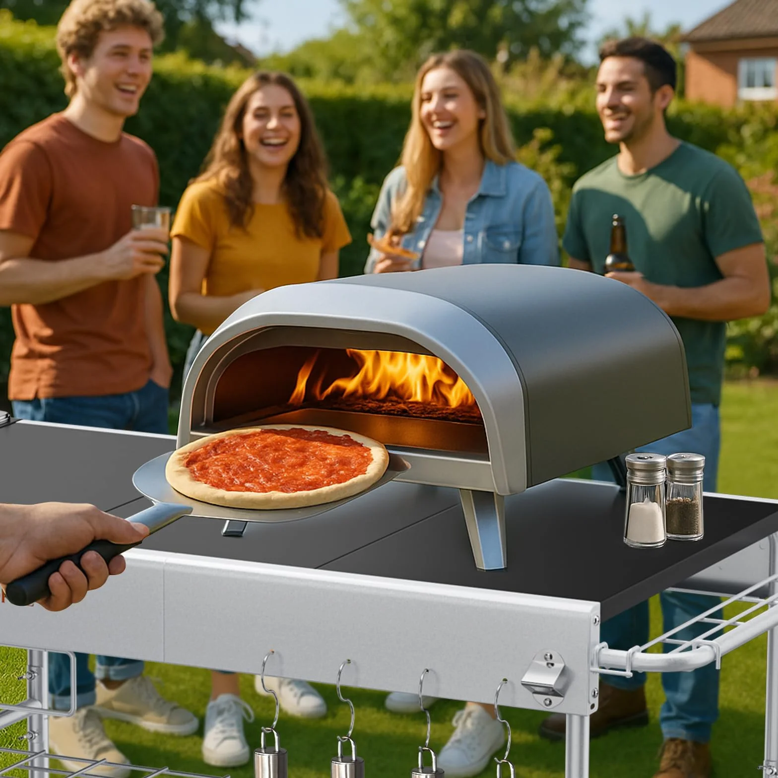 GFTIME Carrello per pizza migliorato per Koda/Karu/Fyra 16 & 12, 128 x 64 x 78 cm, carrello da cucina, carrello da portata per Ninja Woodfire, Blackstone Griddle, carrello per Weber serie Q