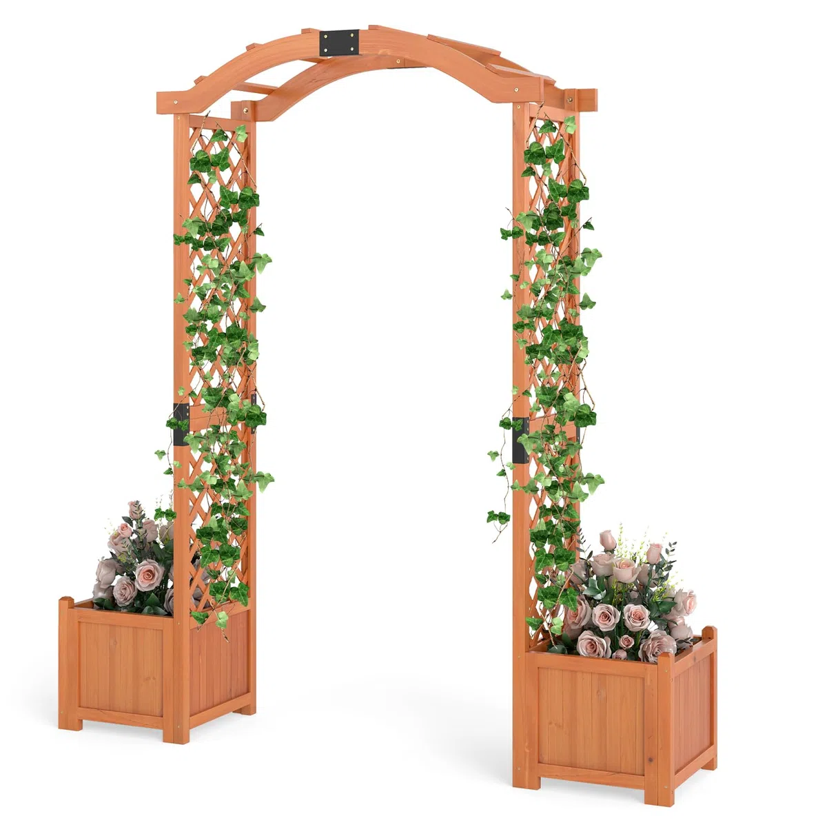 HOMASIS Arco per Rampicanti in Legno, Arco da Giardino con 2 Vasi, Pergolato da Giardino per Verdure, Decorazione per Patio, Cortile (Arancione, 185 x 45 x 201 cm)