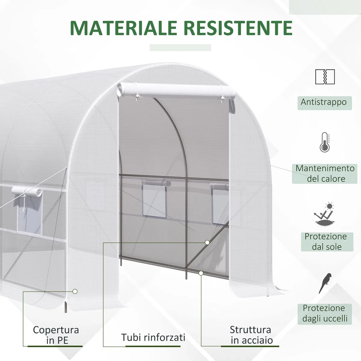 Outsunny Serra da Giardino a Tunnel 4x2x2 m con Porte Avvolgibili e Finestre, Serra per Orto con 4 Rinforzi Diagonali, Struttura in Metallo e Copertura PE, per Orto Verdure Fiori, Bianco