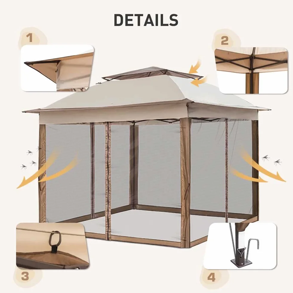 BAKAJI Gazebo 3 x 3 metri Pieghevole con Zanzariere Tessuto Poliestere Impermeabile Struttura in Metallo Richiudibile a Fisarmonica Tendone Portatile Fiera Mercato Giardino Esterno + Custodia Beige