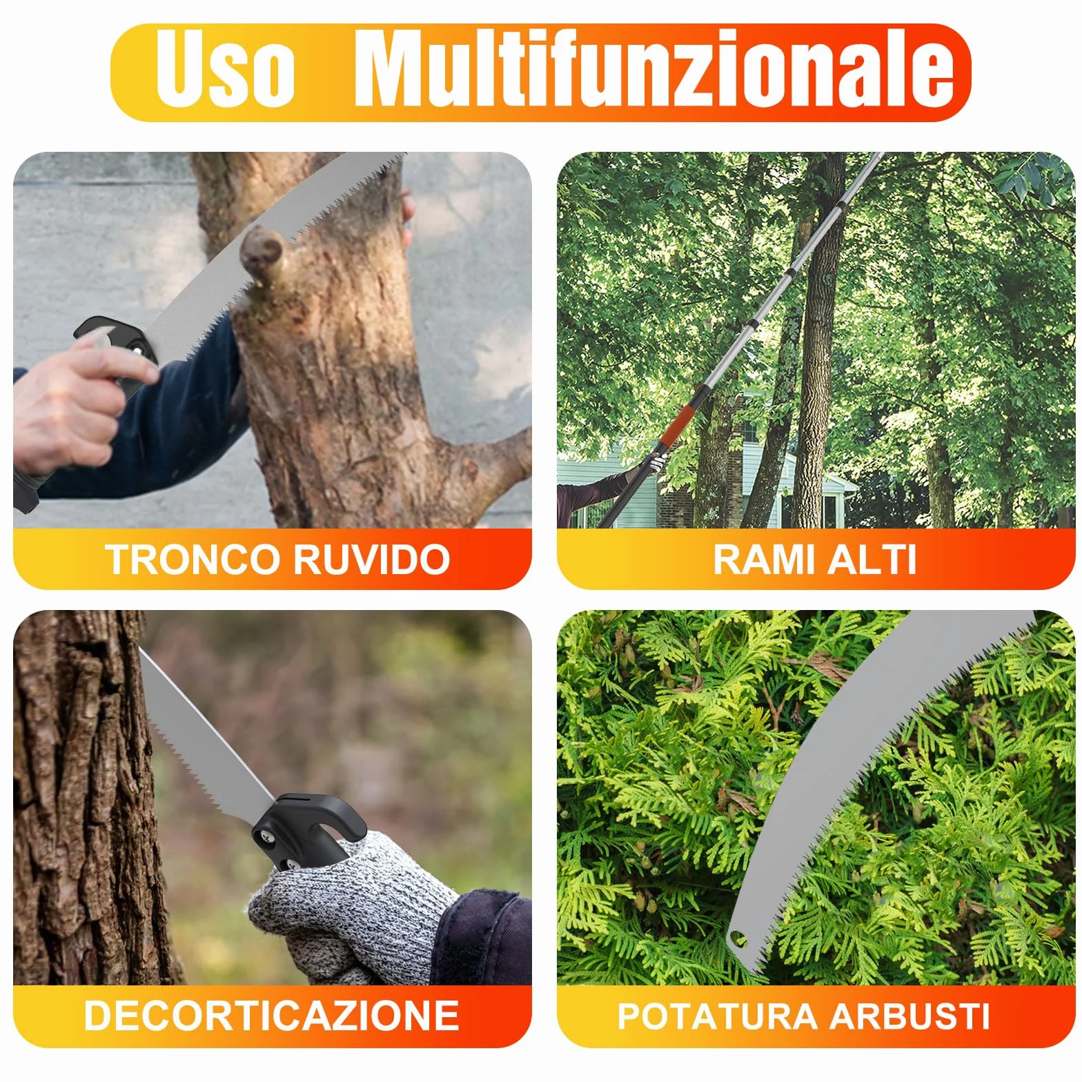 LAANPOLE Sega su Asta 3,6m, Potatore su Asta Telescopica con Asta di Estensione 1-3,6m, Potatore Manuale per Giardino, Arancione