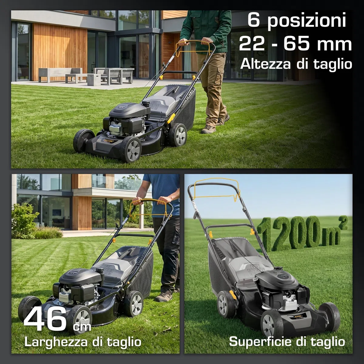 Alpina AL4 46 SH Tagliaerba Semovente, 145 cc, 46 cm – Sacco 60 l, Regolazione Centralizzata 6 Pos. – Prati fino a 1.200 m²