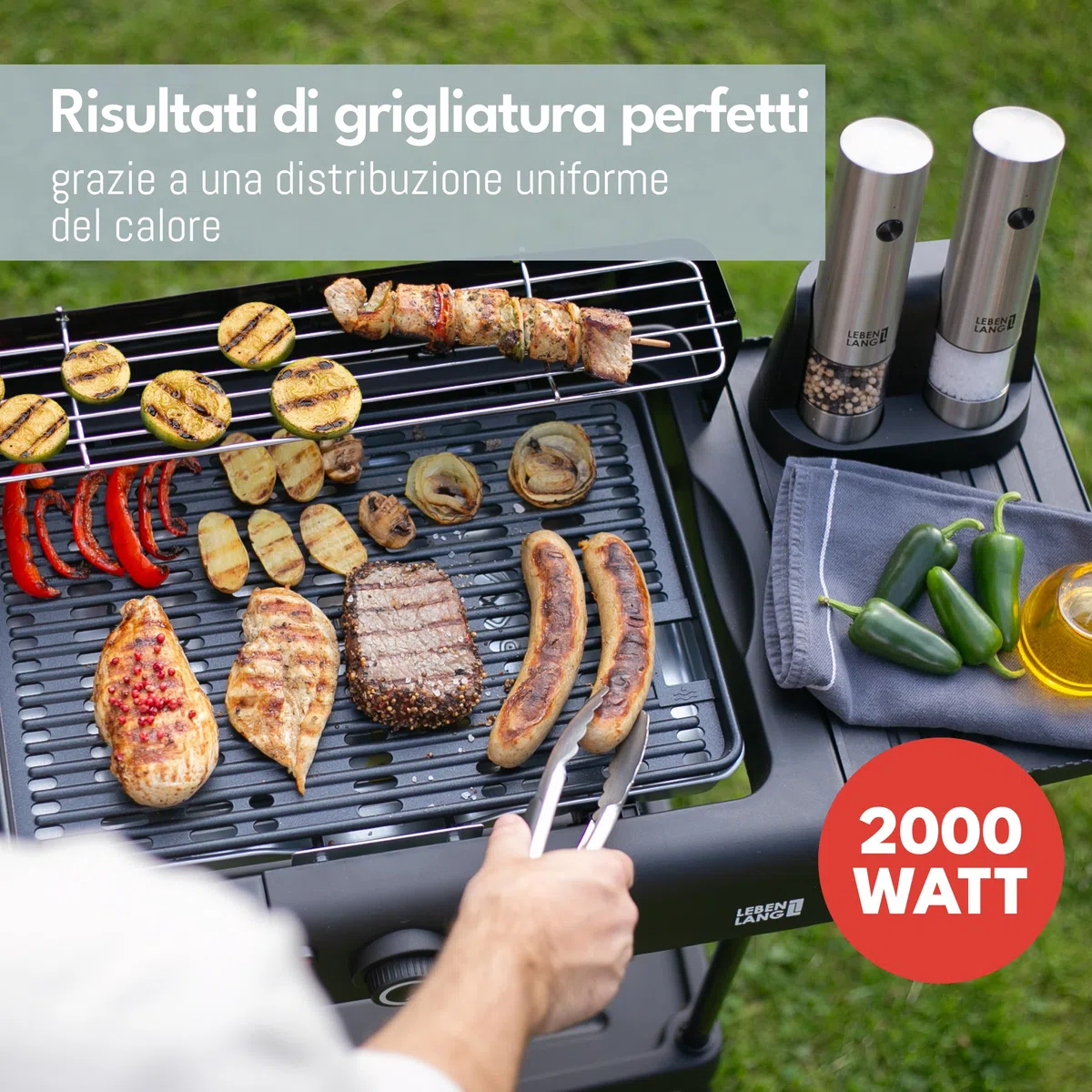 LEBENLANG 2in1 Griglia Elettrica Barbecue Elettrico - Incluso supporto & pinze per grigliare I Grill Elettrico Barbecue Elettrico da Esterno I BBQ Grande con Piedi da Balcone Graticola Arrosticini XXL