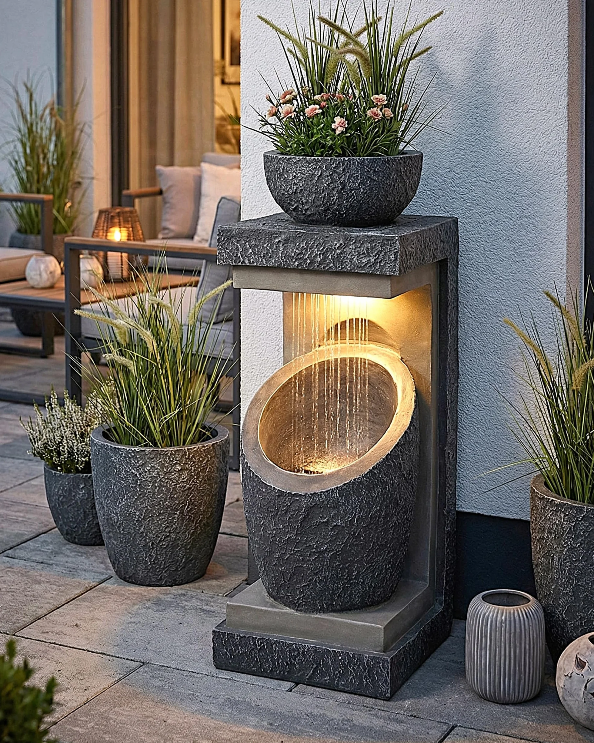 Fontana da giardino con illuminazione a LED Win 30, fontana moderna per piante, decorazione da giardino, effetto pietra, 81 cm