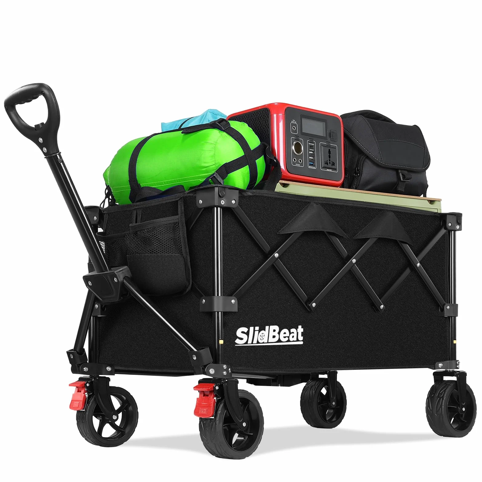 SLIDBEAT Carrello da Campeggio Portatile 120L, Carrello Spiaggia Ruote Grandi con Maniglia Regolabile, Carrello da Giardino Pieghevole Adatto a Tutti i Terreni