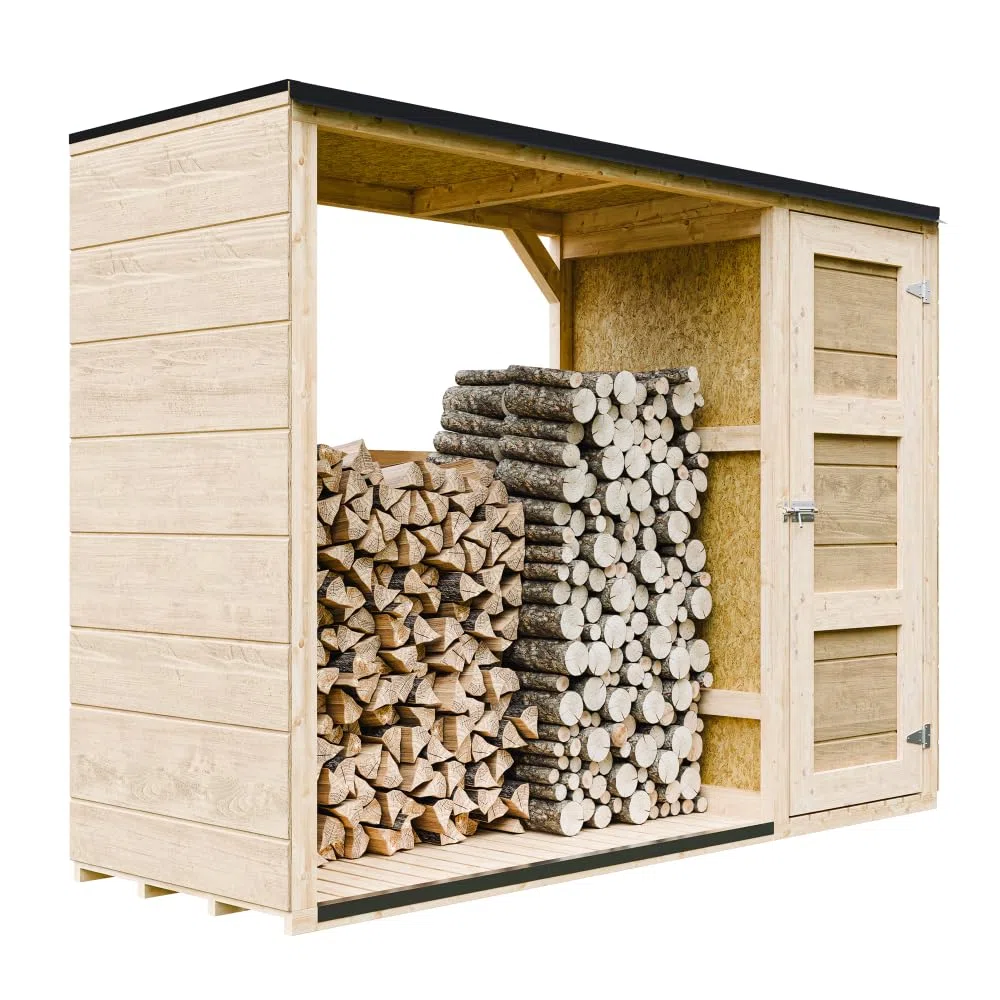 Legnaia da esterno - 75 x 217 x H159 cm - Legnaia moderna con deposito laterale per attrezzi 1,09 m² + 0.53 m² - Casetta per attrezzi e legna - TIMBELA M981