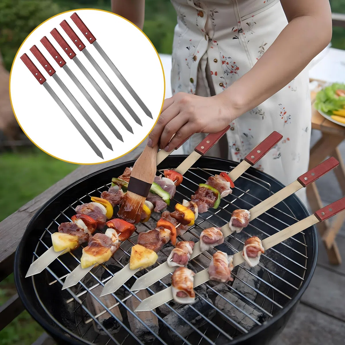 LALAGO 10 pezzi di spiedini piatti in acciaio inox, spiedini Adana da 59,4 cm, spiedini extra lunghi per barbecue, spiedini per carne, forchetta per carne, spiedini in metallo, accessori per barbecue