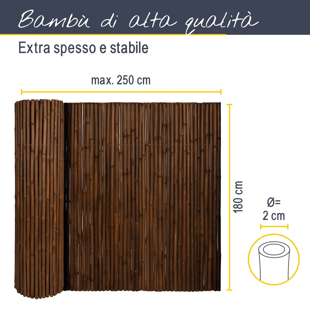 Sol Royal Premium Bamboo Fence 180x250cm B23 Dark Brown - canne di bambù indurite di Alta qualità Ø 2-3cm, Recinzione in bambù Resistente alle intemperie per Uso Interno ed Esterno