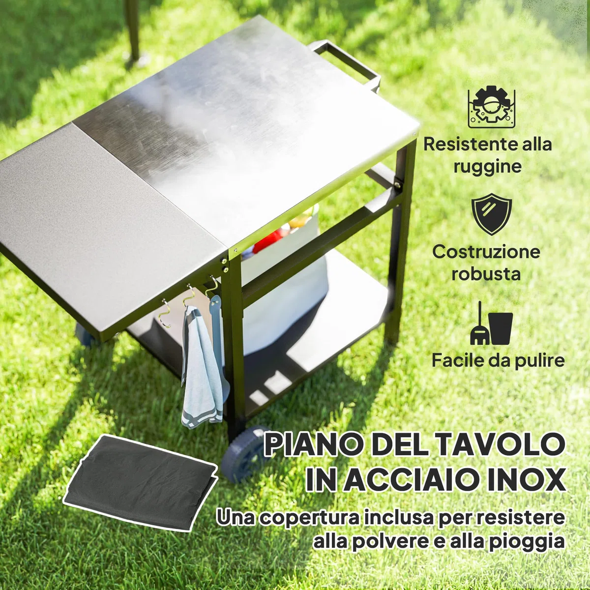 Outsunny Carrello Barbecue con Piano in Acciaio Inox e Ripiano Richiudibile, Tavolo Cucina da Esterno per Forno Pizza con Ruote, Maniglia, 6 Ganci e Copertura di Protezione, 91x58x76 cm, Nero