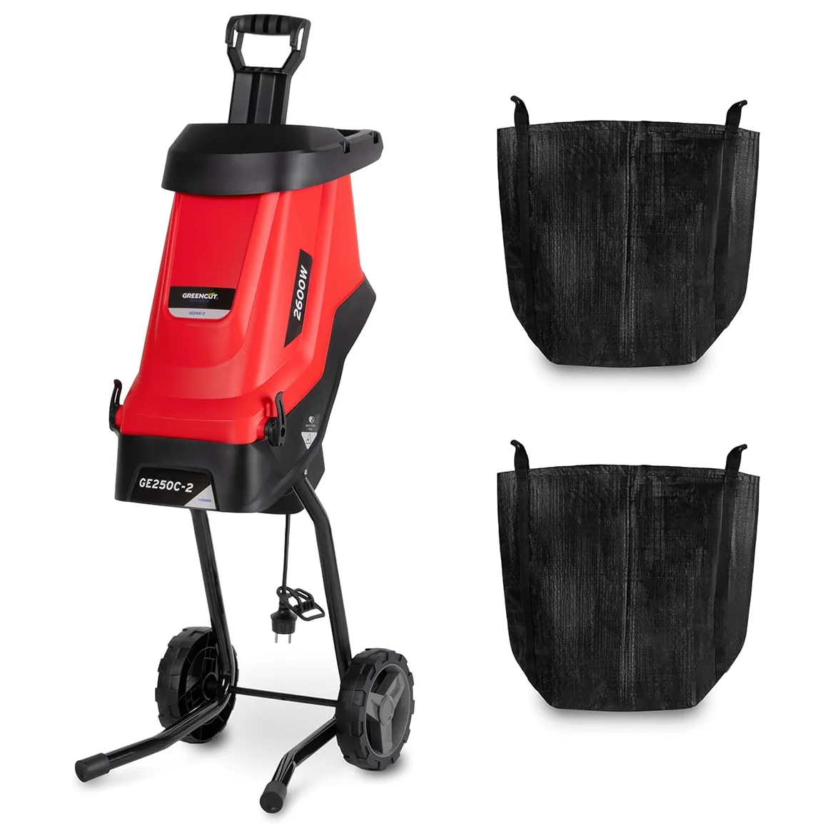 GREENCUT GE250C-2 - Biotrituratore elettrico, potenza 2600W, capacità di taglio 45mm, tramoggia grande, 2 sacchi di raccolta da 45l, ruote e maniglia di trasporto, rosso