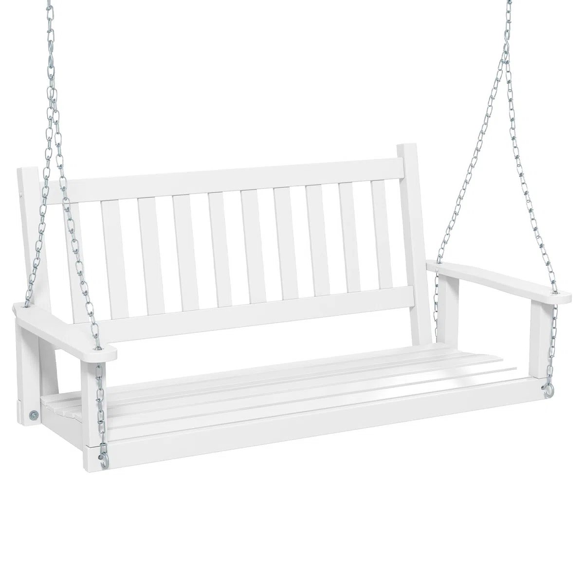 KOMFOTTEU Panca sospesa in legno di pioppo, 2-3 posti, panca a dondolo con catene in metallo regolabili, sedia sospesa con schienale a doghe, altalena Hollywood per giardino (bianco, 136 x 67 x 63 cm)