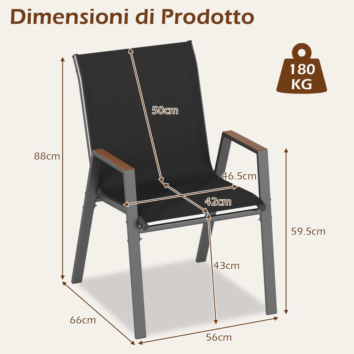 COSTWAY Set di 2/4 Sedie da Giardino, Poltrone in Tessuto Textilene per Esterno, Sedie Impilabili con Gambe in Metallo, Portata 180 kg, 56 x 66 x 88 cm (Nero,4)