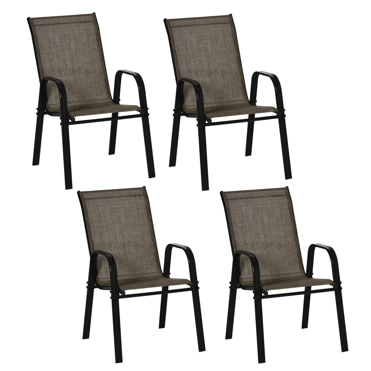 Outsunny Set 4 Sedie da Giardino Impilabili con Braccioli, Sedie per Pranzo da Esterno in Metallo e Texteline Impermeabile, da Patio, Balcone, Terrazza, Esterno e Interno, 54x75.5x95cm, Marrone